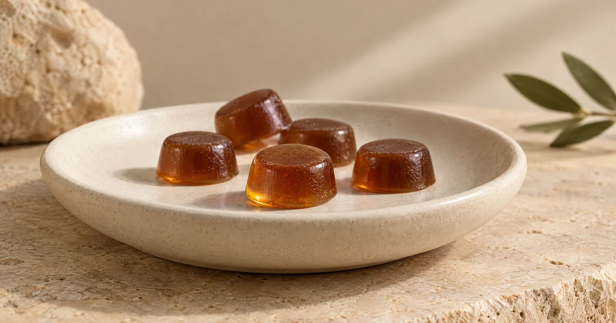 Amberkleurige gummies op een keramisch schaaltje, als algemene illustratie van de kauwbare productvorm.